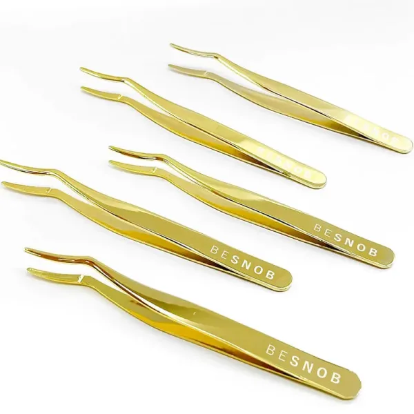 Five BE SNOB Precision Lash Tweezers arranged diagonally