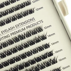 Close-up of Beth L-Curl cluster lashes inside the package
