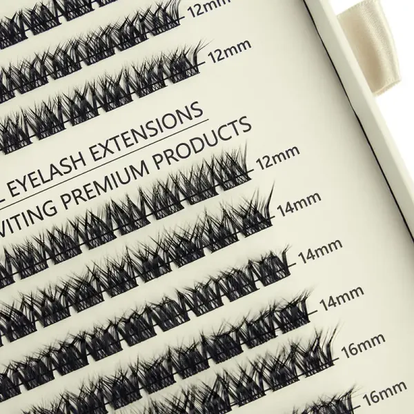 Close-up of Beth L-Curl cluster lashes inside the package